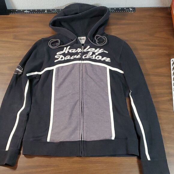Harley Davidson Script Logo Ladies Hoodie Bar & Shield Patch Medium Black Grey‎ - Picture 1 of 8